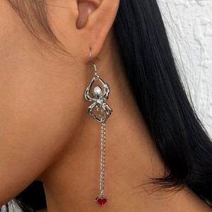SILVER SPIDER RED HEART DANGLE EARRINGS